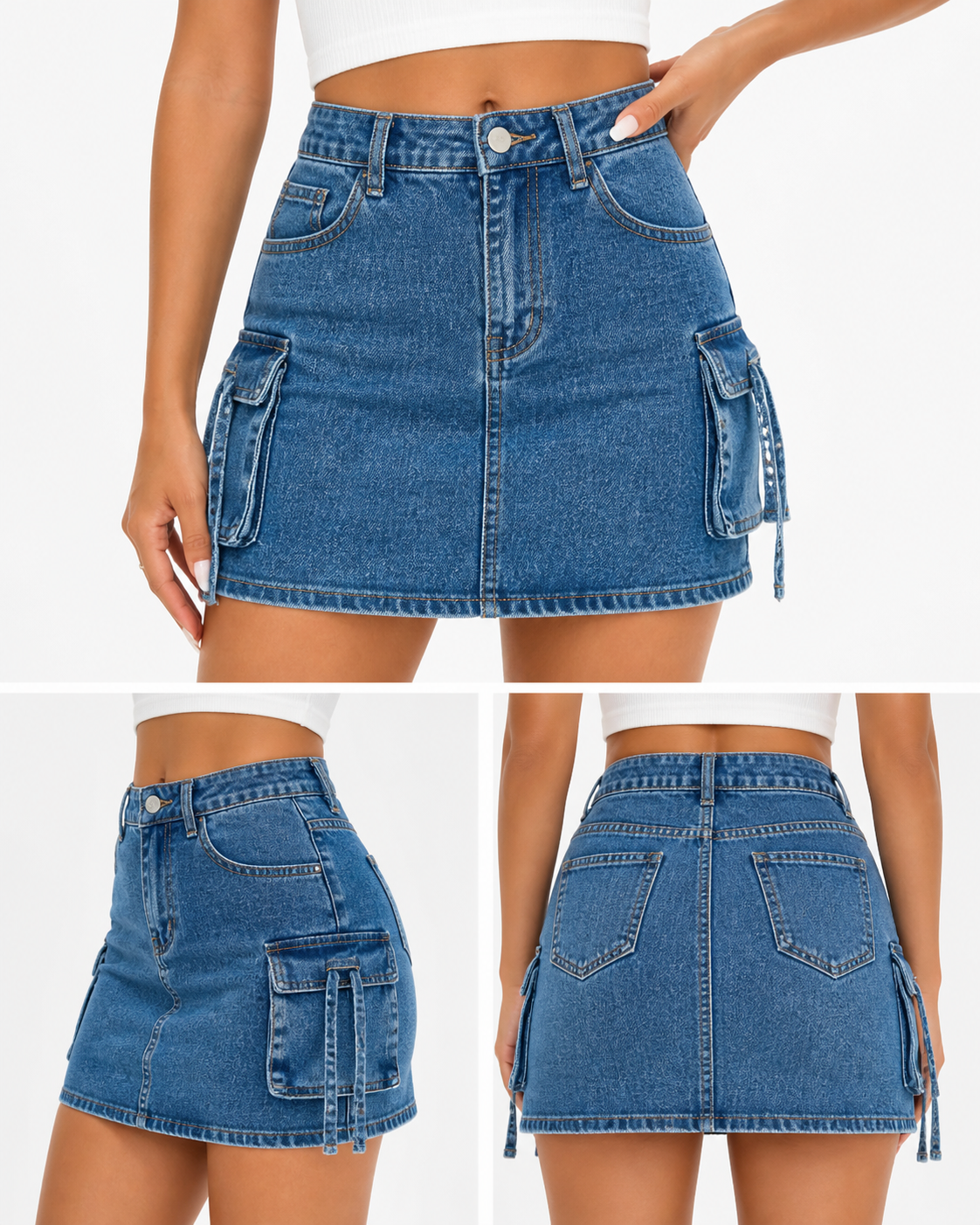 Blue denim cargo mini skirt