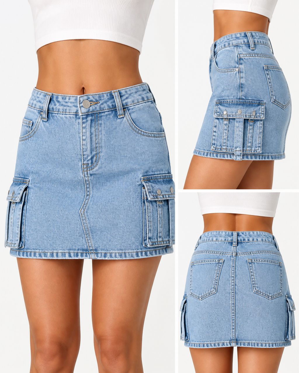 Light blue denim cargo mini skirt