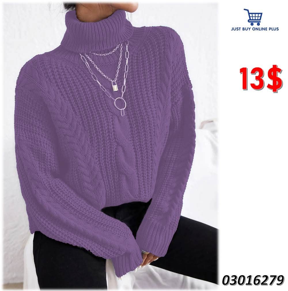 Women's chunky cable knit turtleneck sweater in lavender