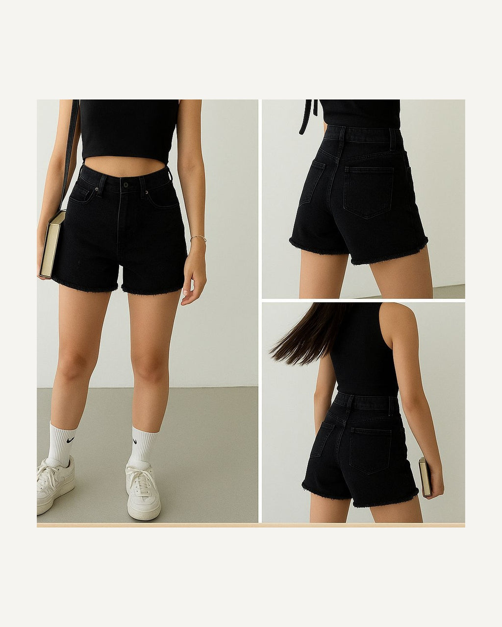 High waist denim shorts in black