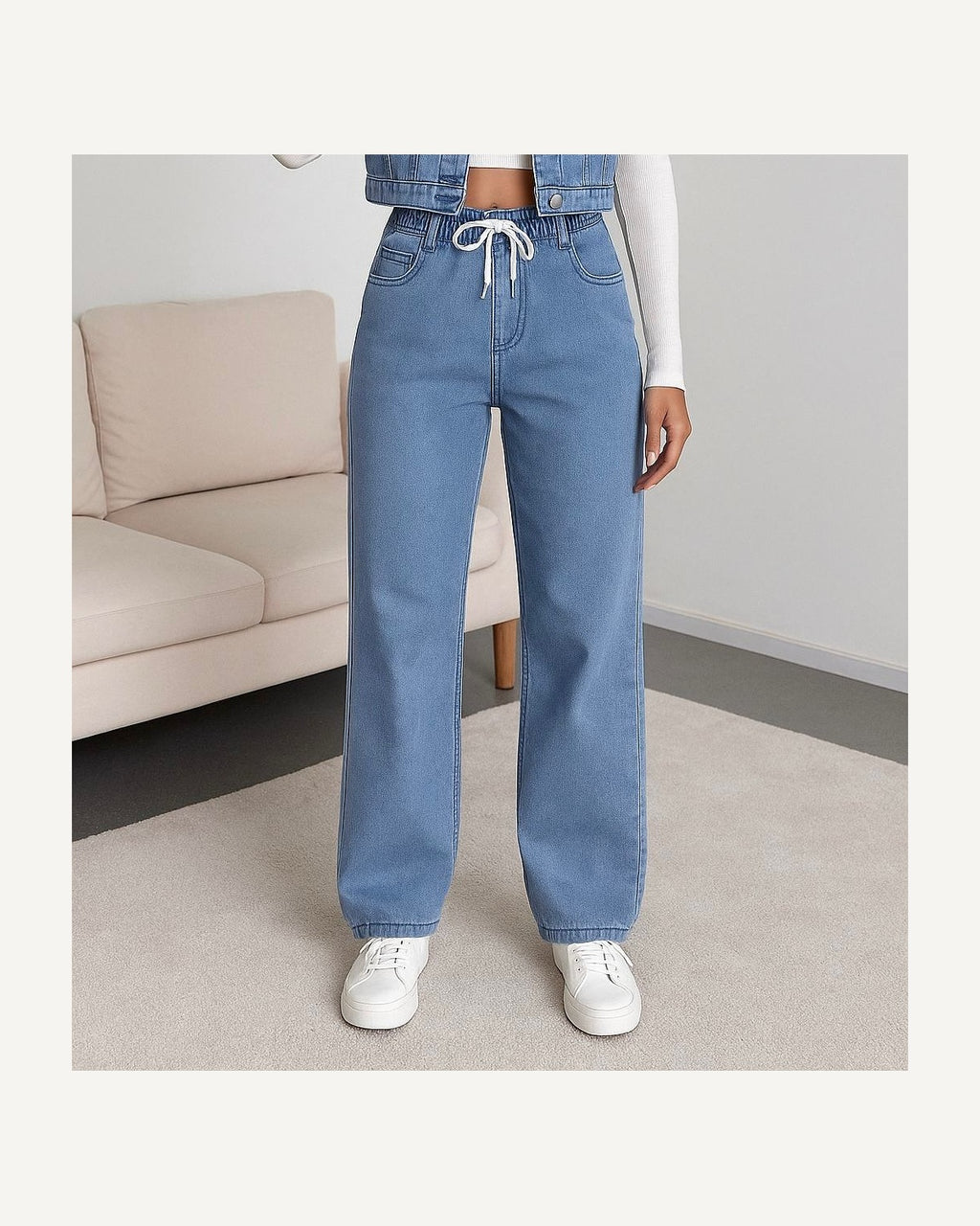 Drawstring wide-leg jeans in light blue